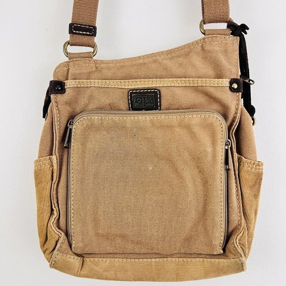 Fossil Handbags - Fossil Tan Brown Canvas Floral Lined Crossbody Bag with Signature Key